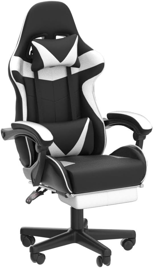 Soontrans Silla Para Videojuegos, De Masaje, Con Reposapiés, Ergonómica, Con Reposacabezas, Cojín Lumbar De Masaje, Acolchada, Blanco