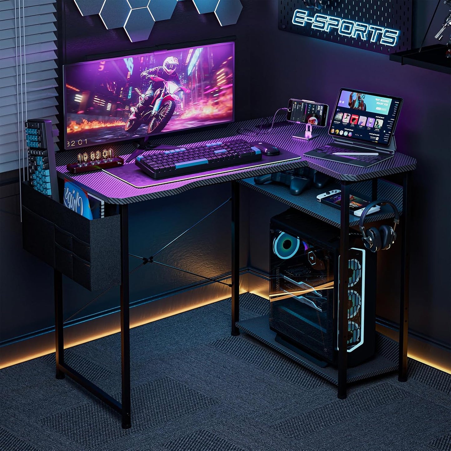 Escritorio de Gaming en Forma de L de 40 Pulgadas - Escritorio de Esquina para Computadora con Tomas de Corriente, Estantes Reversibles y Bolsa de Almacenamiento para Oficina en Casa, Mesa de Gaming para PC