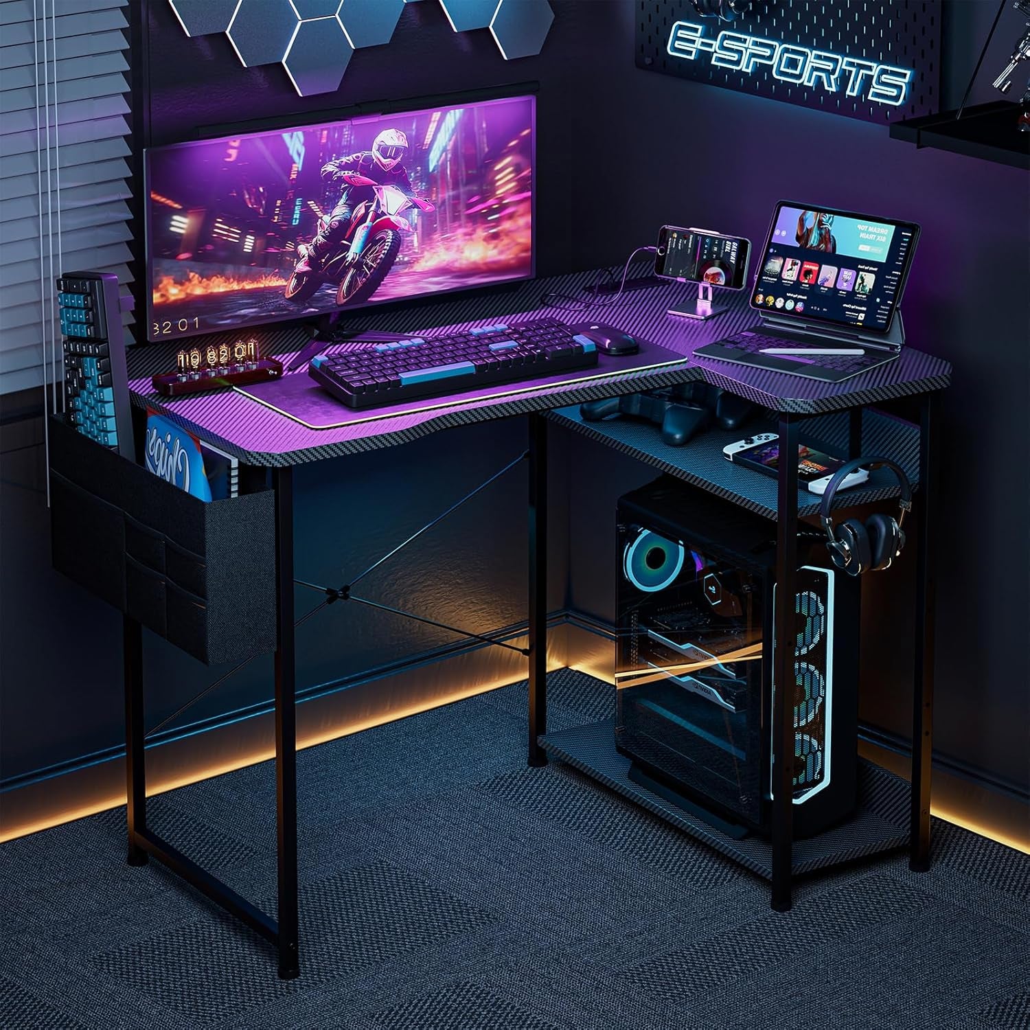 Escritorio de Gaming en Forma de L de 40 Pulgadas - Escritorio de Esquina para Computadora con Tomas de Corriente, Estantes Reversibles y Bolsa de Almacenamiento para Oficina en Casa, Mesa de Gaming para PC