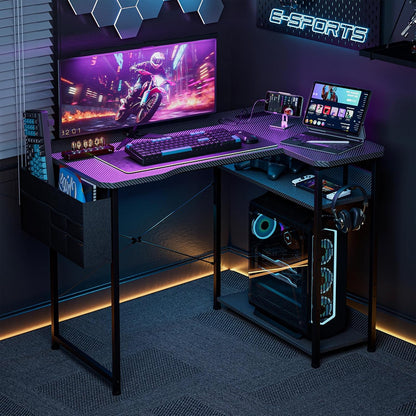 Escritorio de Gaming en Forma de L de 40 Pulgadas - Escritorio de Esquina para Computadora con Tomas de Corriente, Estantes Reversibles y Bolsa de Almacenamiento para Oficina en Casa, Mesa de Gaming para PC