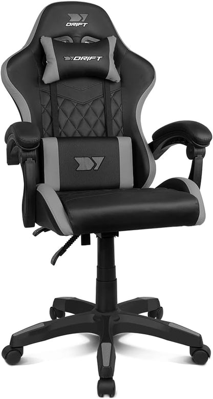 DRIFT GAMING DR35 – Silla Gaming Ergonómica Profesional Con Soporte Lumbar Y Reposabrazos 2D Ajustables, Reclinable 135°, Base Robusta, Ruedas Silenciosas, Tapizado En Cuero Sintético, Negro Y Gris