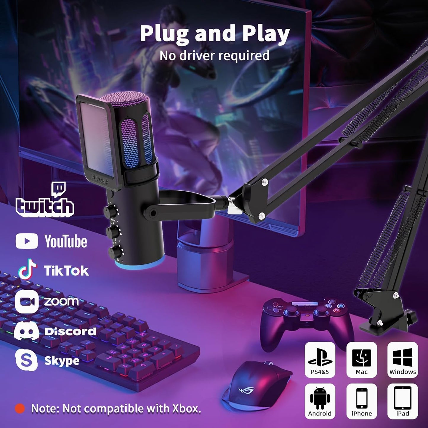 traduce  Micrófono Gaming, Micrófono de Condensador USB para PC, PS4/5 y Mac, Micrófono para Computadora con Cancelación de Ruido, Función de Silencio, Reverb y Monitoreo, Brazo Articulado Ajustable y Filtro Pop