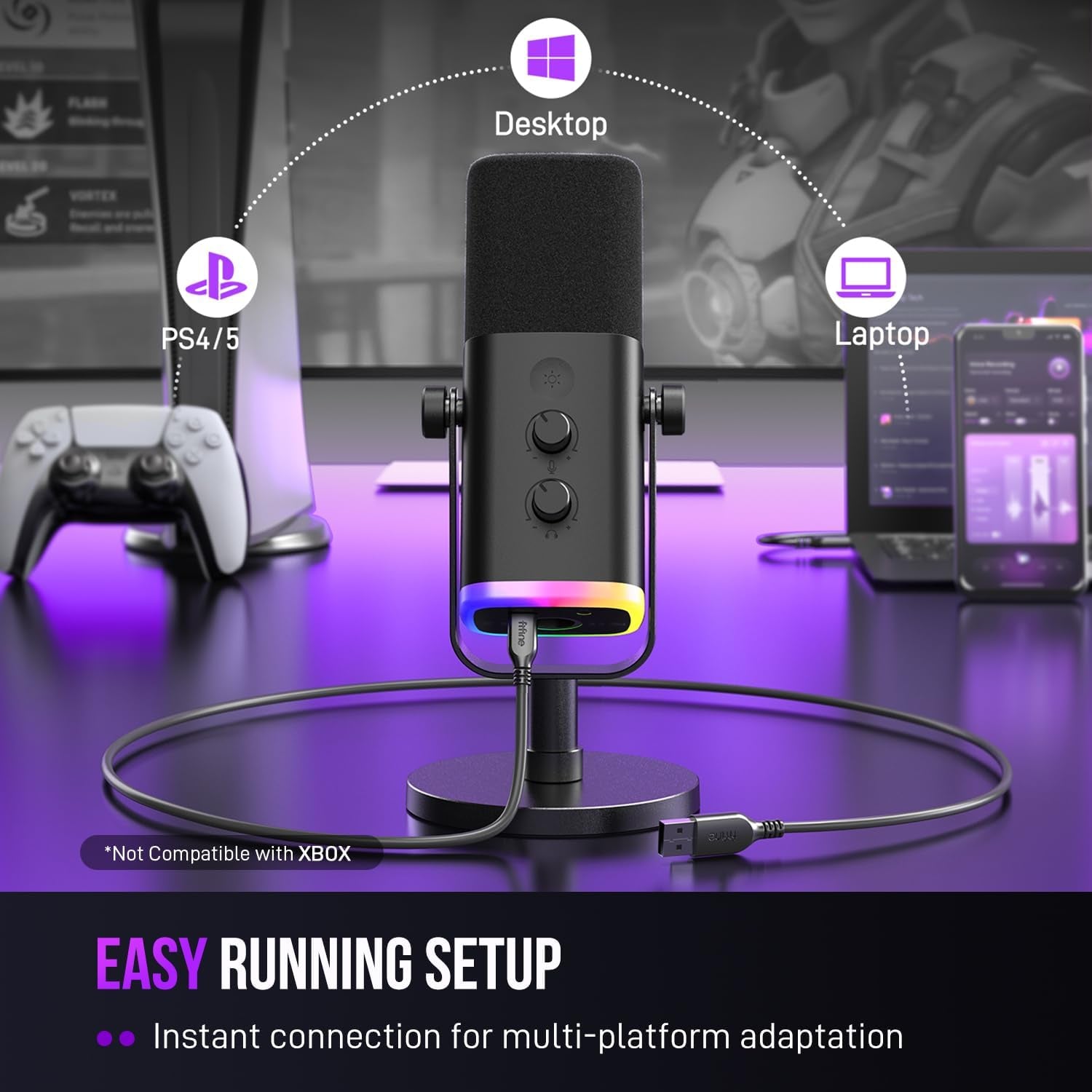 Micrófono Dinámico XLR/USB para Gaming y Streaming en PC, con Luz RGB, Botón de Silencio, Conector para Auriculares, Soporte de Escritorio, Micrófono Vocal para Canto y YouTube – Ampligame AM8
