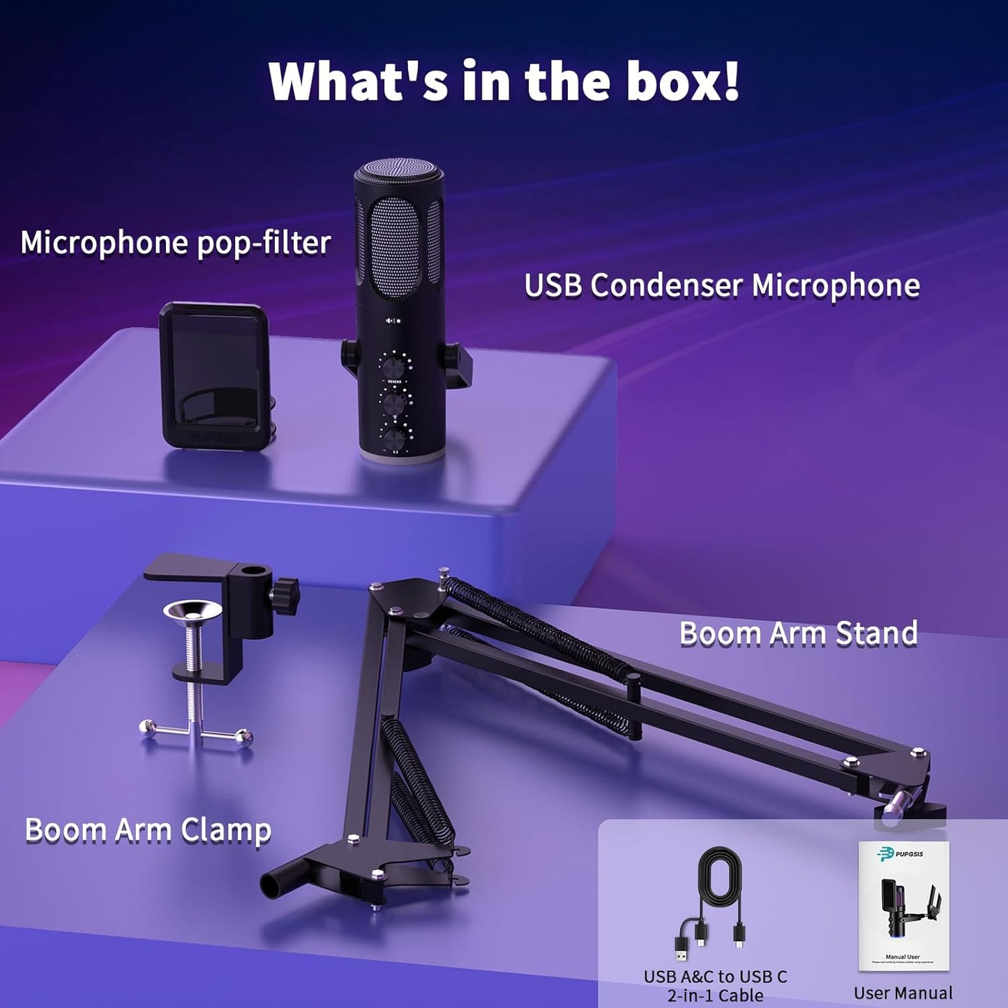 traduce  Micrófono Gaming, Micrófono de Condensador USB para PC, PS4/5 y Mac, Micrófono para Computadora con Cancelación de Ruido, Función de Silencio, Reverb y Monitoreo, Brazo Articulado Ajustable y Filtro Pop