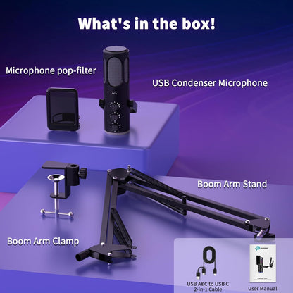 traduce  Micrófono Gaming, Micrófono de Condensador USB para PC, PS4/5 y Mac, Micrófono para Computadora con Cancelación de Ruido, Función de Silencio, Reverb y Monitoreo, Brazo Articulado Ajustable y Filtro Pop