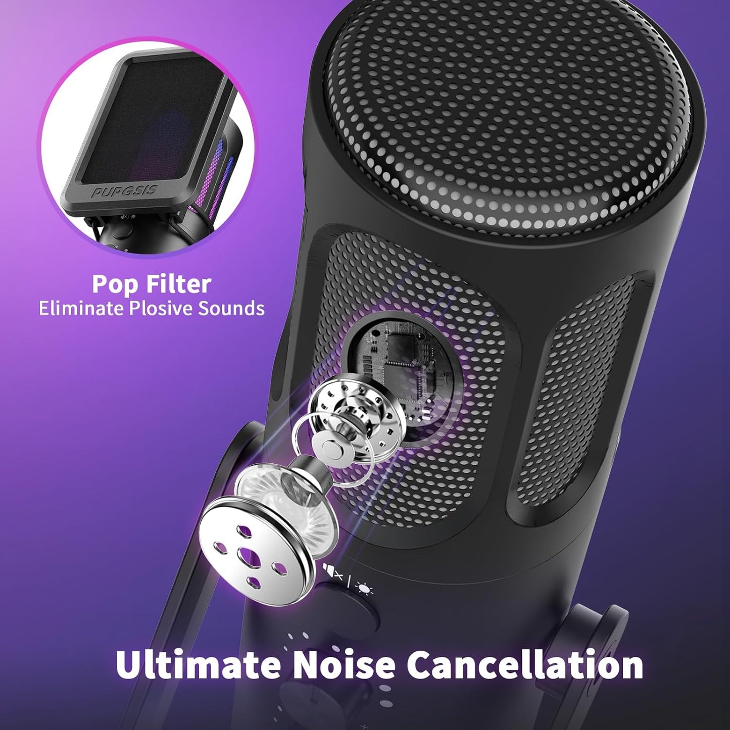 traduce  Micrófono Gaming, Micrófono de Condensador USB para PC, PS4/5 y Mac, Micrófono para Computadora con Cancelación de Ruido, Función de Silencio, Reverb y Monitoreo, Brazo Articulado Ajustable y Filtro Pop