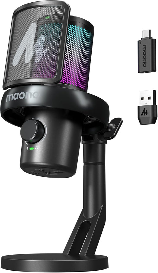 MAONO Microfono Inalambrico Para PC, Microfono PC Con Cambiador De Voz Con IA, Cancelación De Ruido De 3 Niveles, Luz RGB Personalizada, Para Juegos, Podcasting & Streaming, DM40 Pro Negro