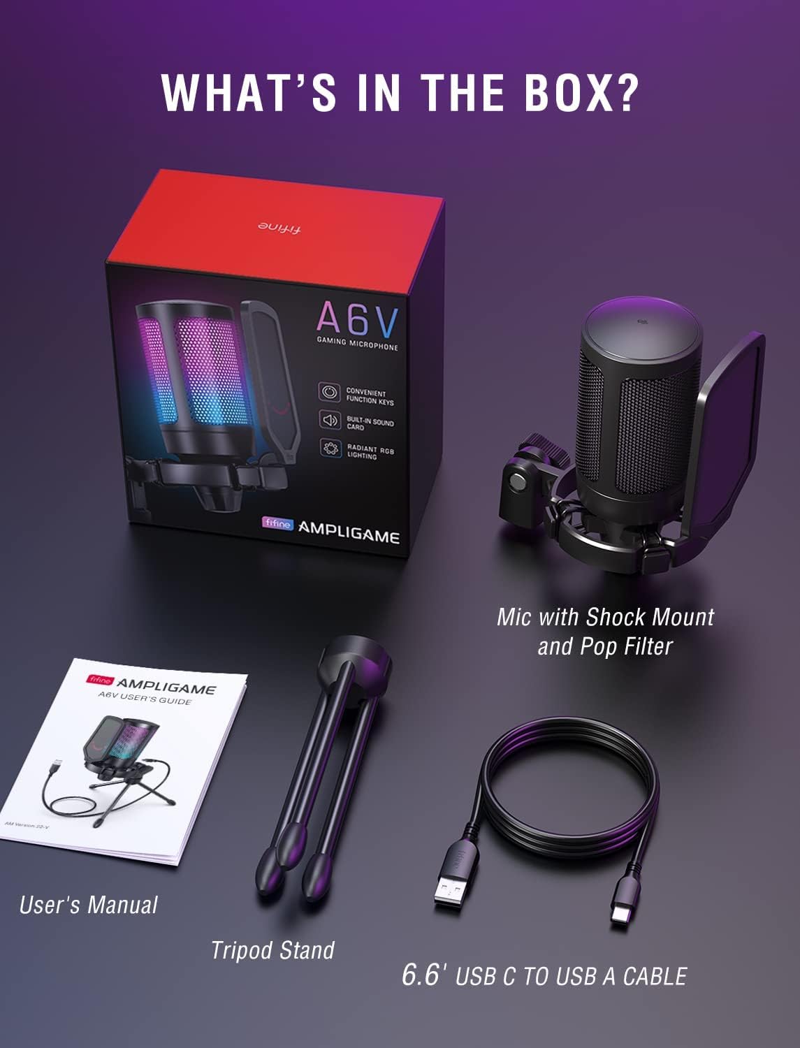 FIFINE Gaming Microfono , USB Condensador Micrófono De Cardioide Para Podcast Streaming Studio, Con RGB, Botón De Silencio, Trípode, Filtro Anti-Pop, Soporte 