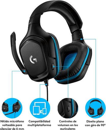 Logitech G432 Auriculares Con Cable, Sonido 7.1 Surround DTS:X 2.0, Transductores 50Mm USB Y Jack Audio 3.5Mm, Micrófono Volteable, Peso Ligero- Azul/Negro