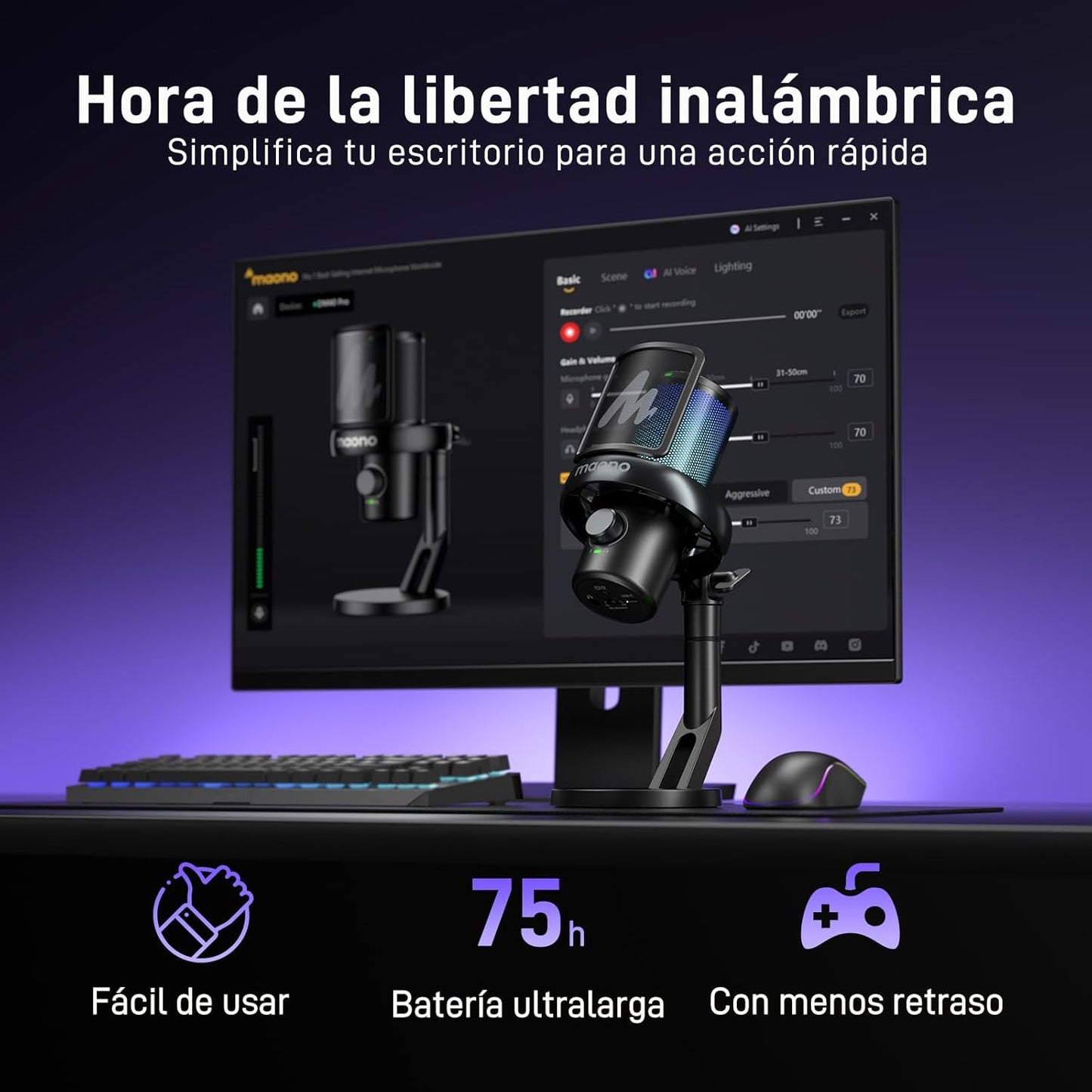 MAONO Microfono Inalambrico Para PC, Microfono PC Con Cambiador De Voz Con IA, Cancelación De Ruido De 3 Niveles, Luz RGB Personalizada, Para Juegos, Podcasting & Streaming, DM40 Pro Negro