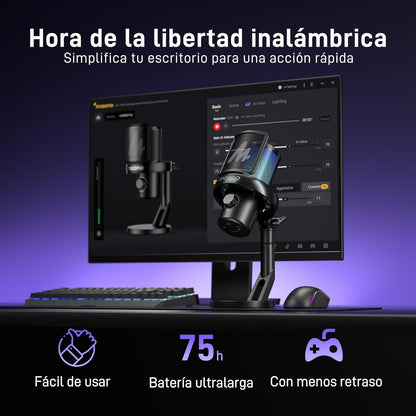 MAONO Microfono Inalambrico Para PC, Microfono PC Con Cambiador De Voz Con IA, Cancelación De Ruido De 3 Niveles, Luz RGB Personalizada, Para Juegos, Podcasting & Streaming, DM40 Pro Negro