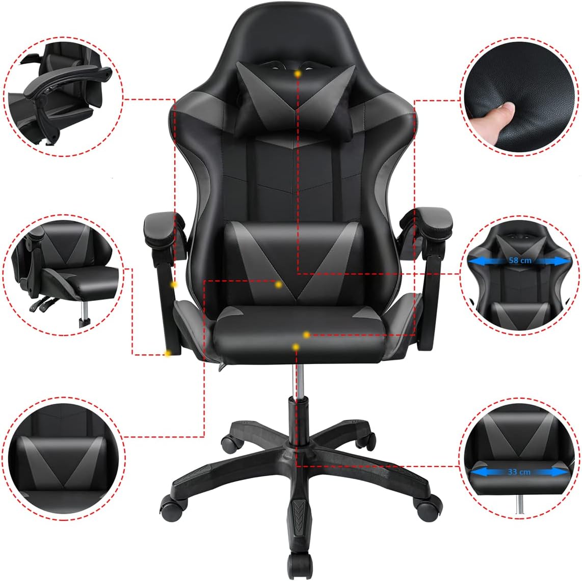 Silla Gaming Ergonómica Reclinable Con Cojín Lumbar Y Cervical | Altura Ajustable, Reposabrazos Acolchados