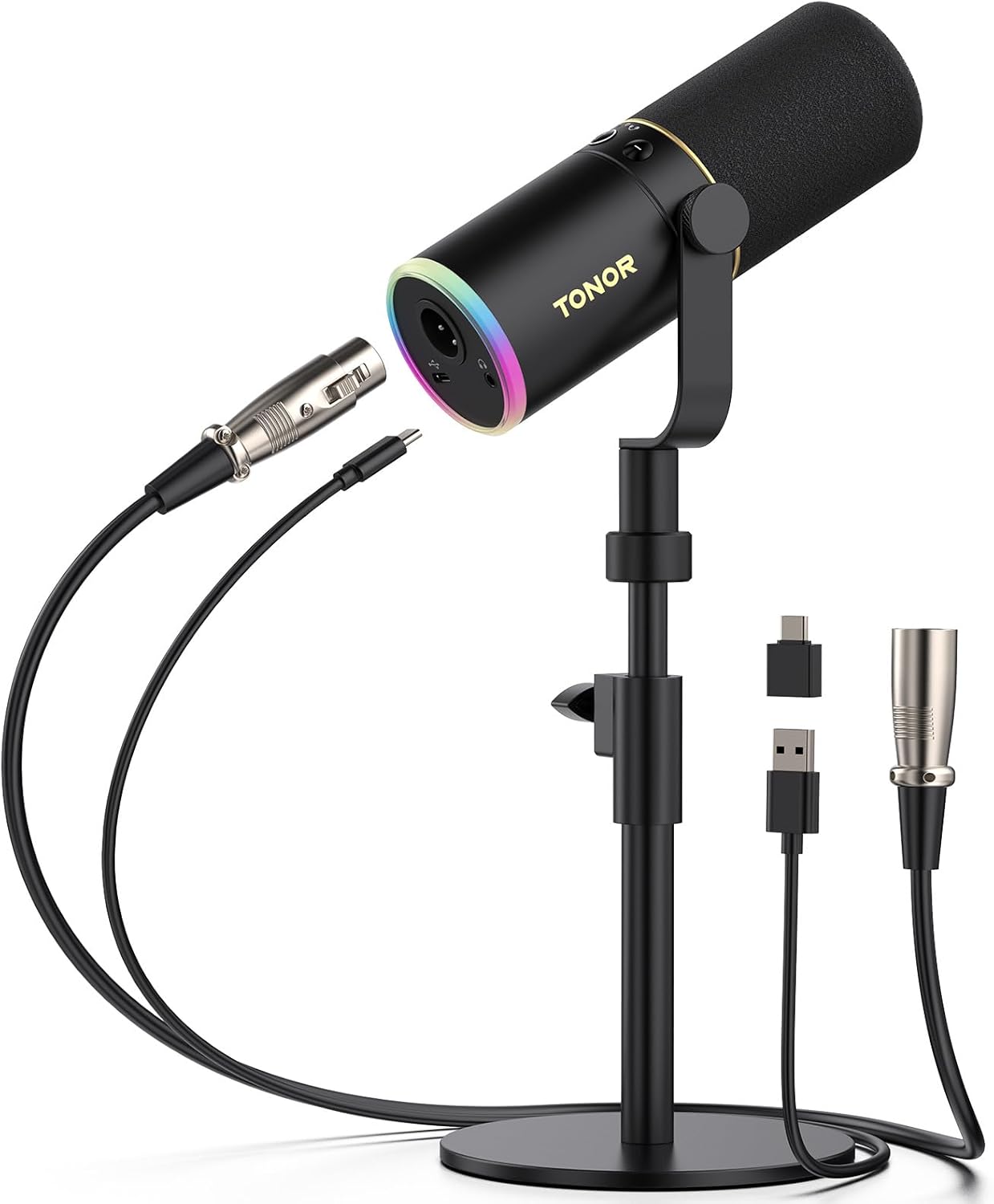 Micrófono Gaming XLR/USB, Micrófono Dinámico para Grabación de Podcasts y Streaming con Luz RGB, Botón de Silencio, Conector para Auriculares, Monitoreo, Soporte de Escritorio, Micrófono Vocal Metálico