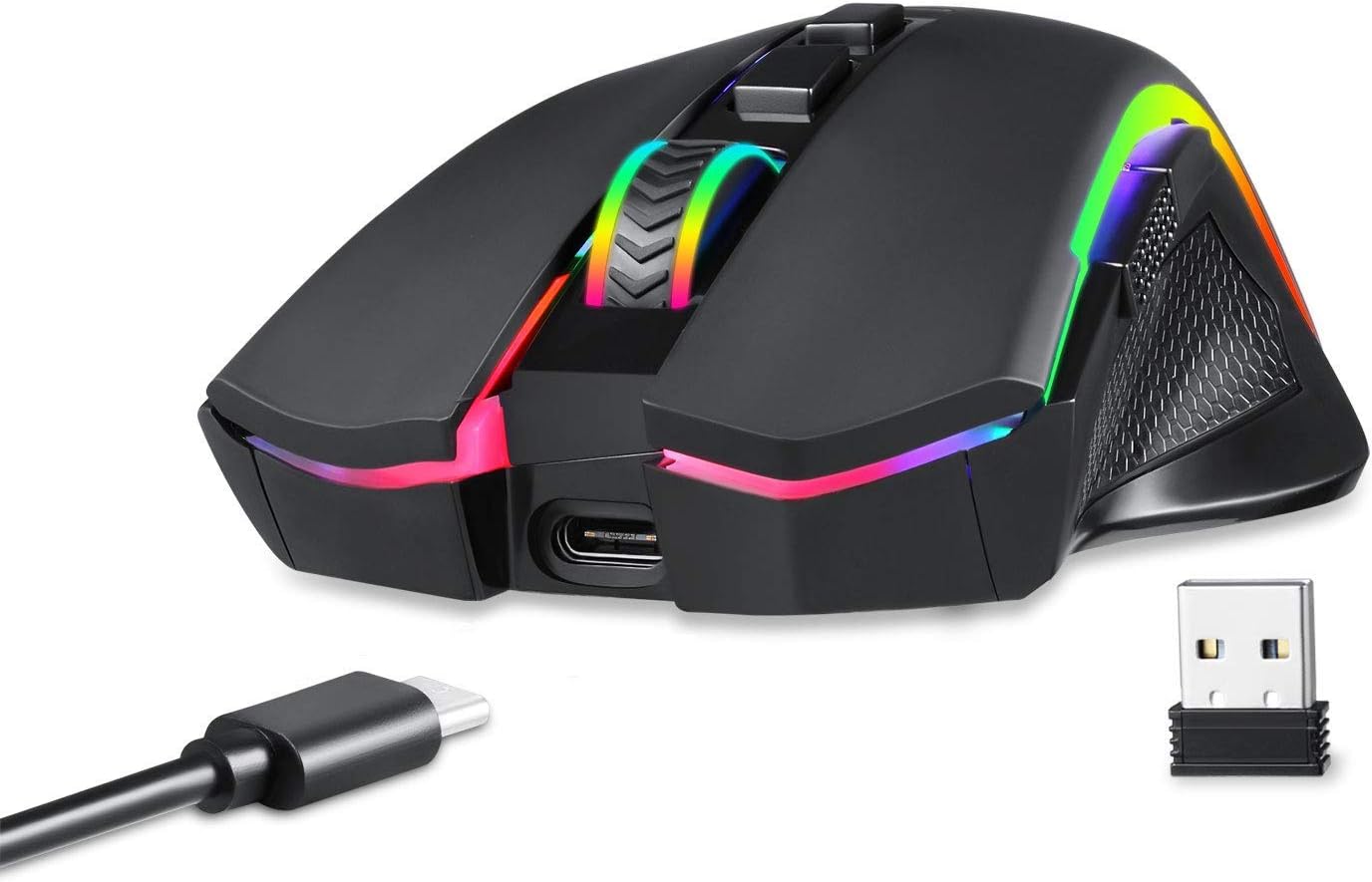 Raton Gaming Inalámbrico Redragon M602 Griffin RGB, mouse ergonómico con iluminación RGB Spectrum, 7 modos de retroiluminación programables y hasta 8000 DPI