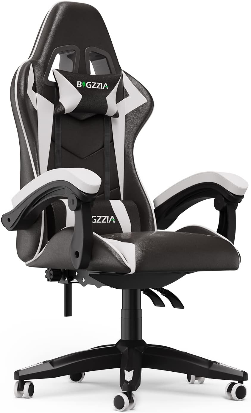 Bigzzia Silla Gaming, Ergonómica En Cuero PU, Regulable En Altura Con Soporte Lumbar Y Reposacabezas, Respaldo Reclinable 155°