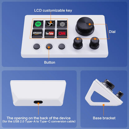 Panel de control para streamers, teclado de accesos directos para gaming con 6 teclas LCD personalizables, 3 botones y 3 perillas, permite activar acciones en OBS, Twitch y YouTube, compatible con Windows y macOS