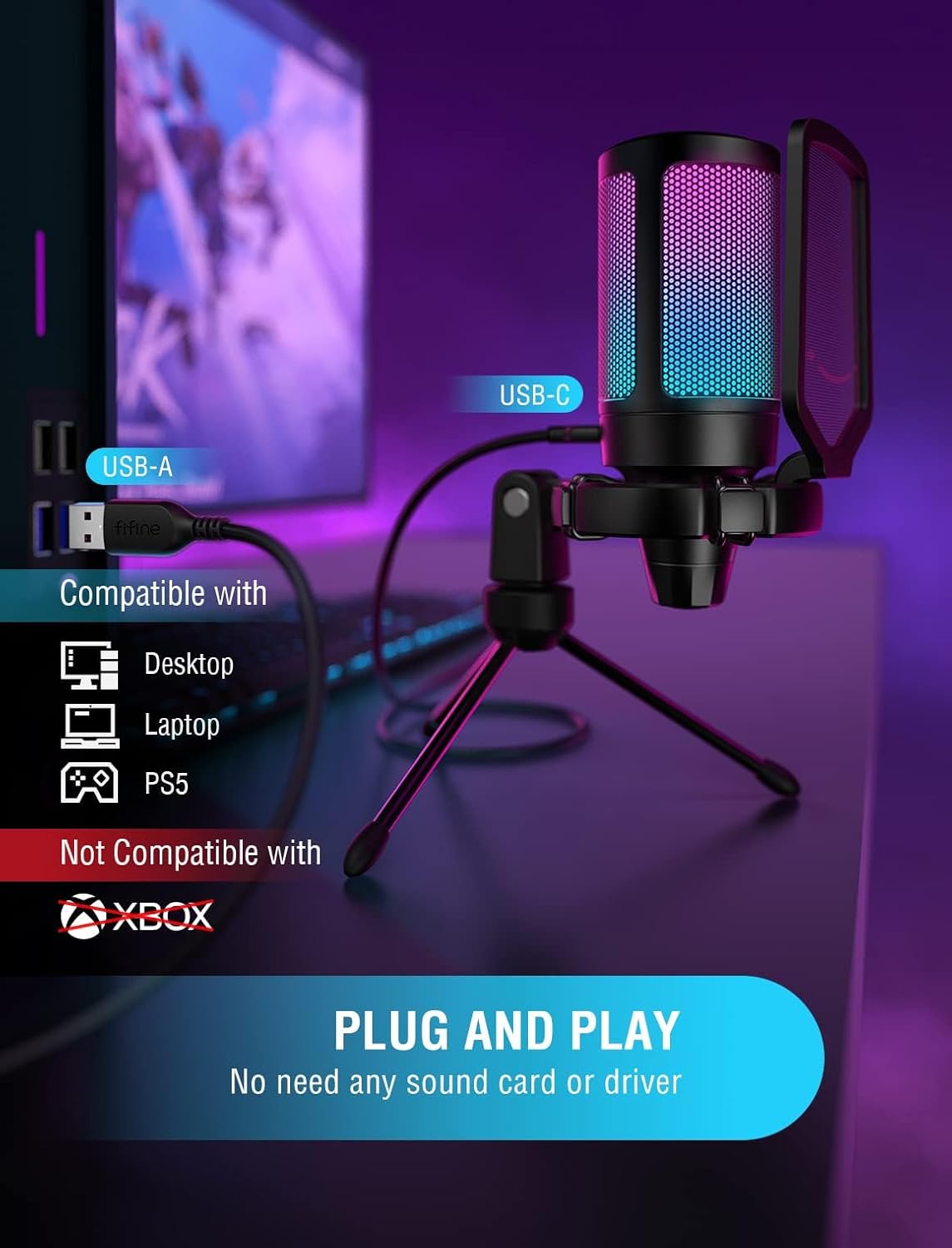 FIFINE Gaming Microfono , USB Condensador Micrófono De Cardioide Para Podcast Streaming Studio, Con RGB, Botón De Silencio, Trípode, Filtro Anti-Pop, Soporte 