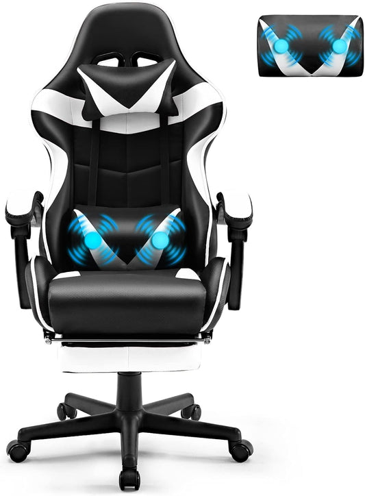 Soontrans Silla Para Videojuegos, De Masaje, Con Reposapiés, Ergonómica, Con Reposacabezas, Cojín Lumbar De Masaje, Acolchada, Blanco