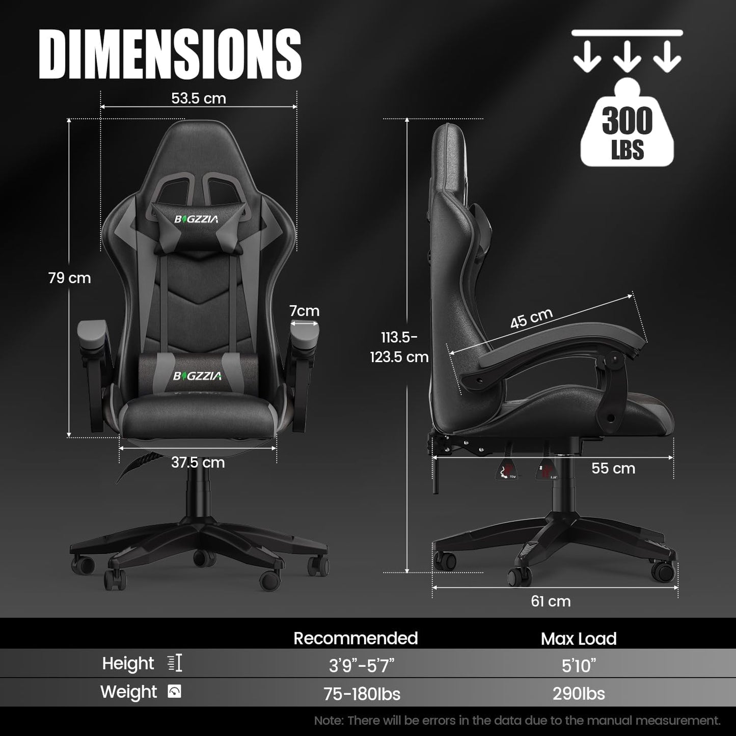 Bigzzia Silla Gaming, Ergonómica En Cuero PU, Regulable En Altura Con Soporte Lumbar Y Reposacabezas, Respaldo Reclinable 155°