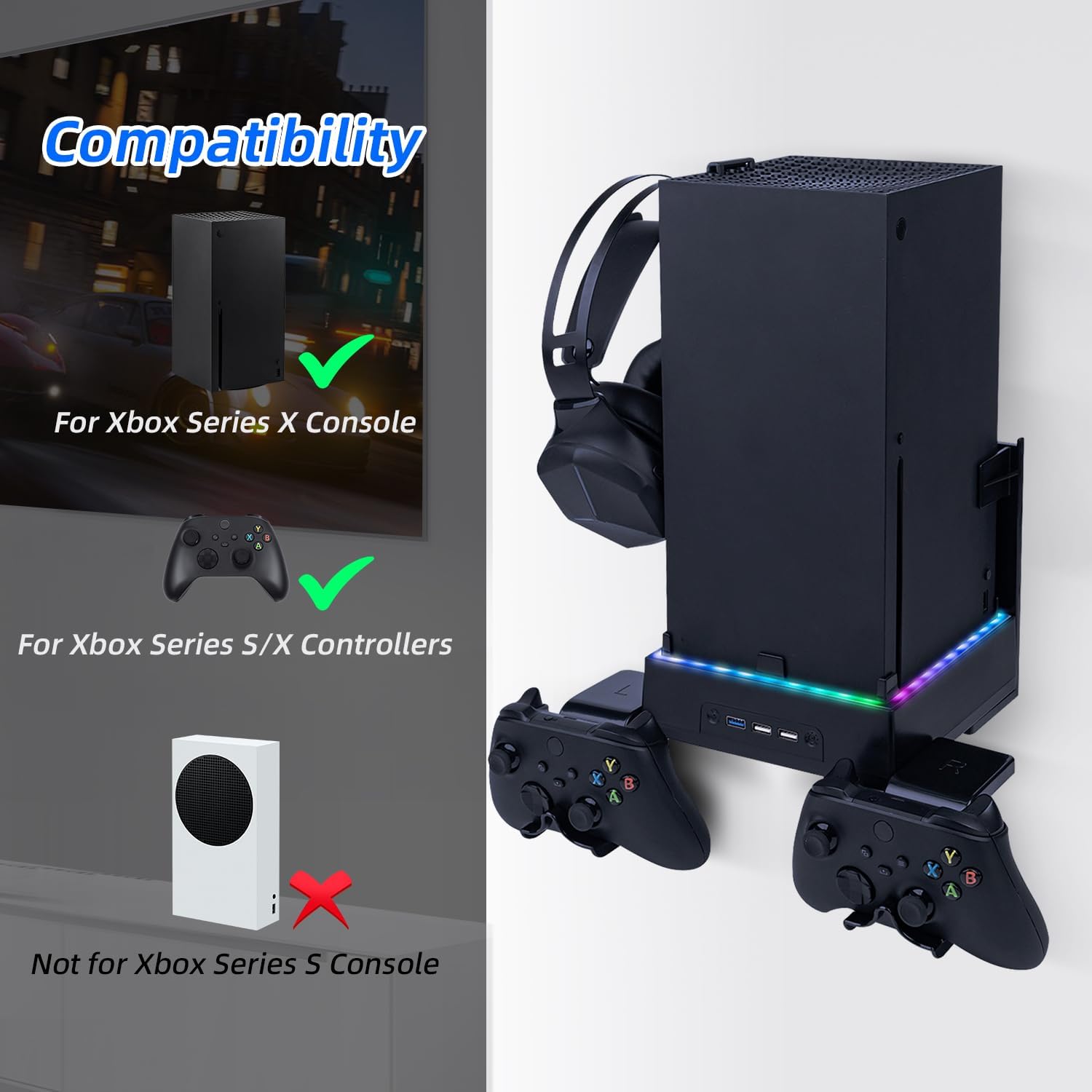 Mcbazel Soporte De Pared Xbox Series X Ventilador De Refrigeración, Soporte De Sistema De Refrigeración RGB LED Puertos Usb/Soportes Para Controladores.