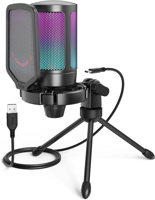 FIFINE Gaming Microfono , USB Condensador Micrófono De Cardioide Para Podcast Streaming Studio, Con RGB, Botón De Silencio, Trípode, Filtro Anti-Pop, Soporte 