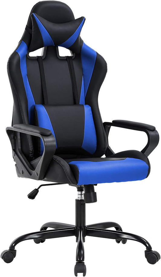Silla gaming de respaldo alto, silla tipo racing de escritorio, silla ejecutiva ergonómica giratoria con ruedas, tapizada en PU, con soporte lumbar para aliviar el dolor de espalda, color azul.
