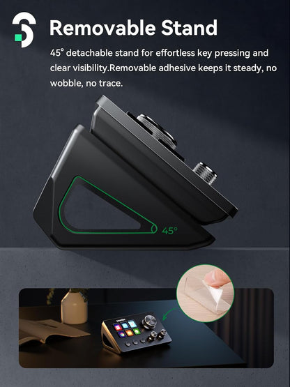 Panel de control con 6 teclas macro LCD personalizables para activar acciones en OBS, Twitch y YouTube, ideal para creadores de contenido y gaming, compatible con PC y Mac.