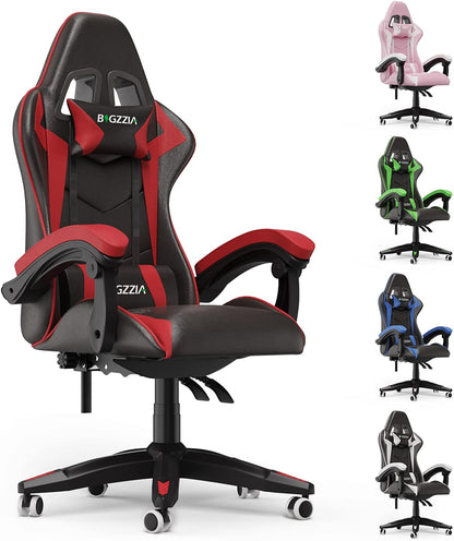 Bigzzia Silla Gaming, Ergonómica En Cuero PU, Regulable En Altura Con Soporte Lumbar Y Reposacabezas, Respaldo Reclinable 155°