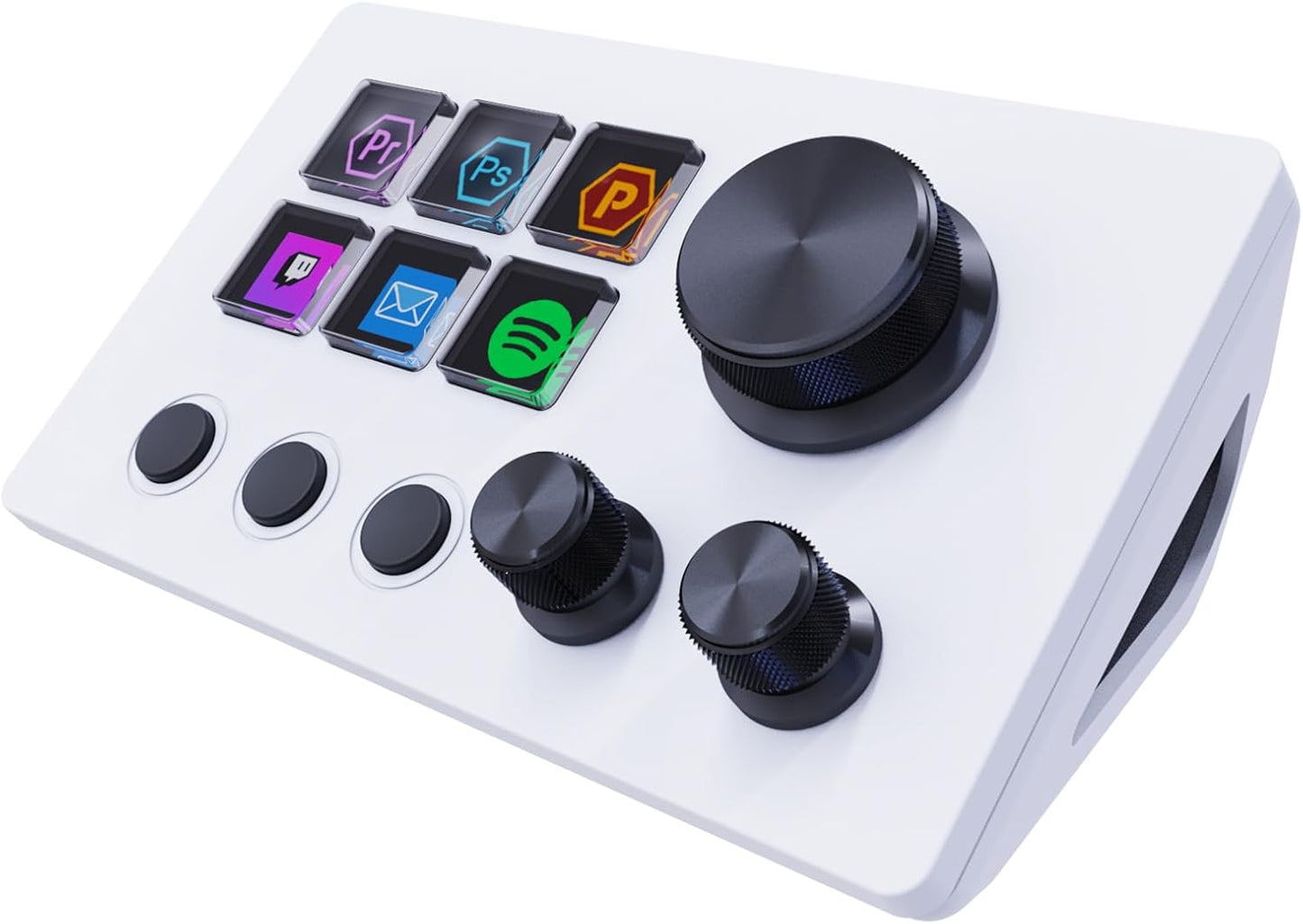 Panel de control para streamers, teclado de accesos directos para gaming con 6 teclas LCD personalizables, 3 botones y 3 perillas, permite activar acciones en OBS, Twitch y YouTube, compatible con Windows y macOS