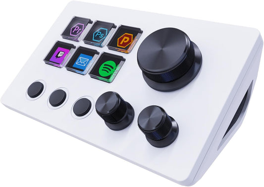 Panel de control para streamers, teclado de accesos directos para gaming con 6 teclas LCD personalizables, 3 botones y 3 perillas, permite activar acciones en OBS, Twitch y YouTube, compatible con Windows y macOS