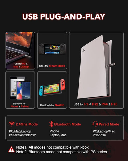 Auriculares inalámbricos de 2,4 GHz, batería ultralarga de 120 h, Bluetooth 5.3, supraaurales, micrófono con cancelión de ruido