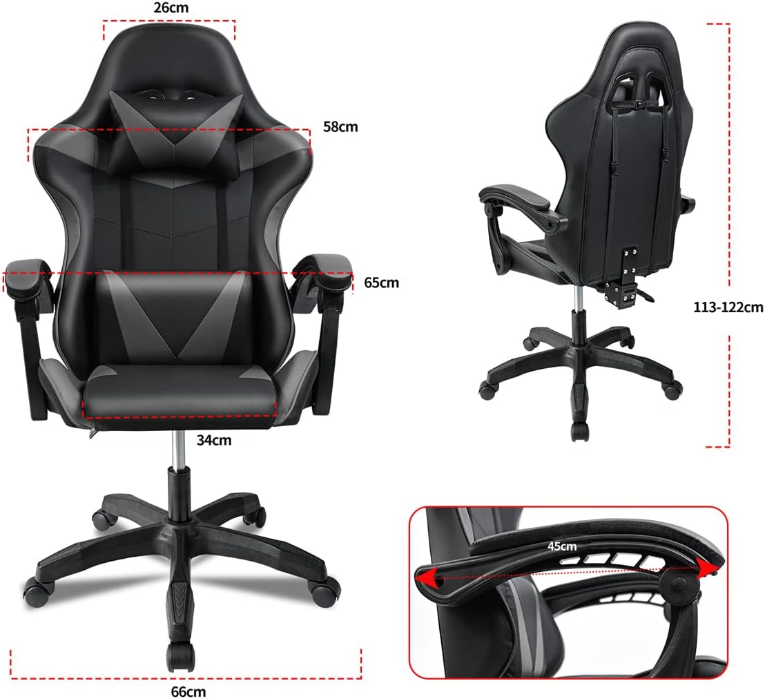 Silla Gaming Ergonómica Reclinable Con Cojín Lumbar Y Cervical | Altura Ajustable, Reposabrazos Acolchados