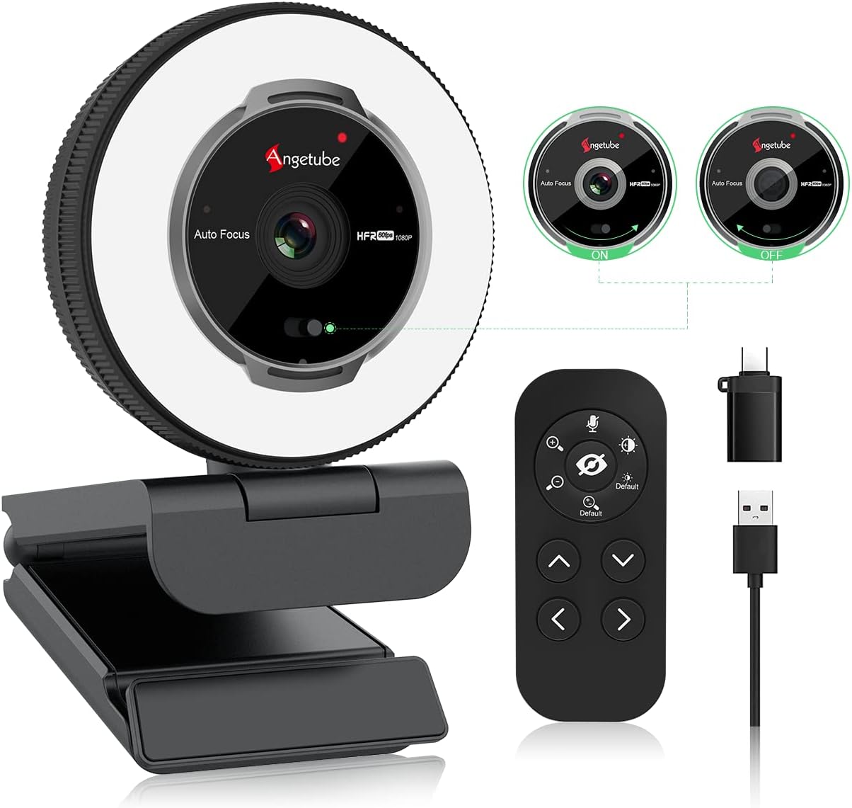 Angetube Streaming Webcam Con Micrófono - Webcam USB 1080P 60FPS Con Luz De Anillo Y Control Remoto - Cámara Web HD Con Zoom Digital 5X Cubierta De Privacidad Incorporada
