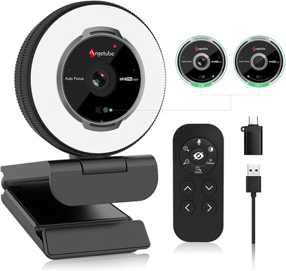 Angetube Streaming Webcam Con Micrófono - Webcam USB 1080P 60FPS Con Luz De Anillo Y Control Remoto - Cámara Web HD Con Zoom Digital 5X Cubierta De Privacidad Incorporada