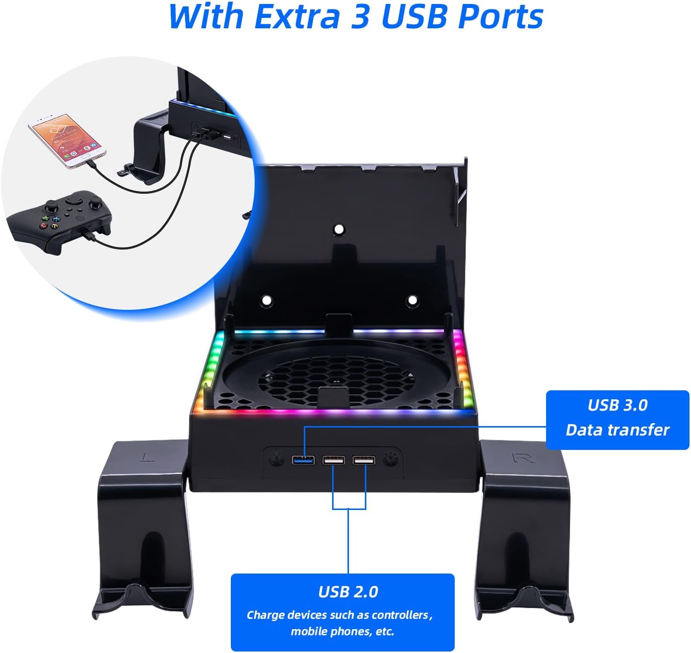 Mcbazel Soporte De Pared Xbox Series X Ventilador De Refrigeración, Soporte De Sistema De Refrigeración RGB LED Puertos Usb/Soportes Para Controladores.
