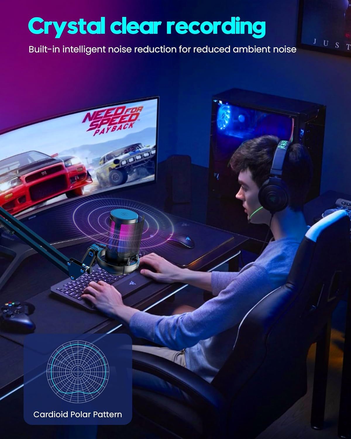 Micrófono para Gaming, Micrófono USB para PC para Podcasts y Videos, Streaming, Micrófono de Condensador con Silencio Rápido, Soporte de Trípode, Filtro Anti-Pop, Indicador RGB, Montaje Antivibración, Botón de Ganancia Giratorio