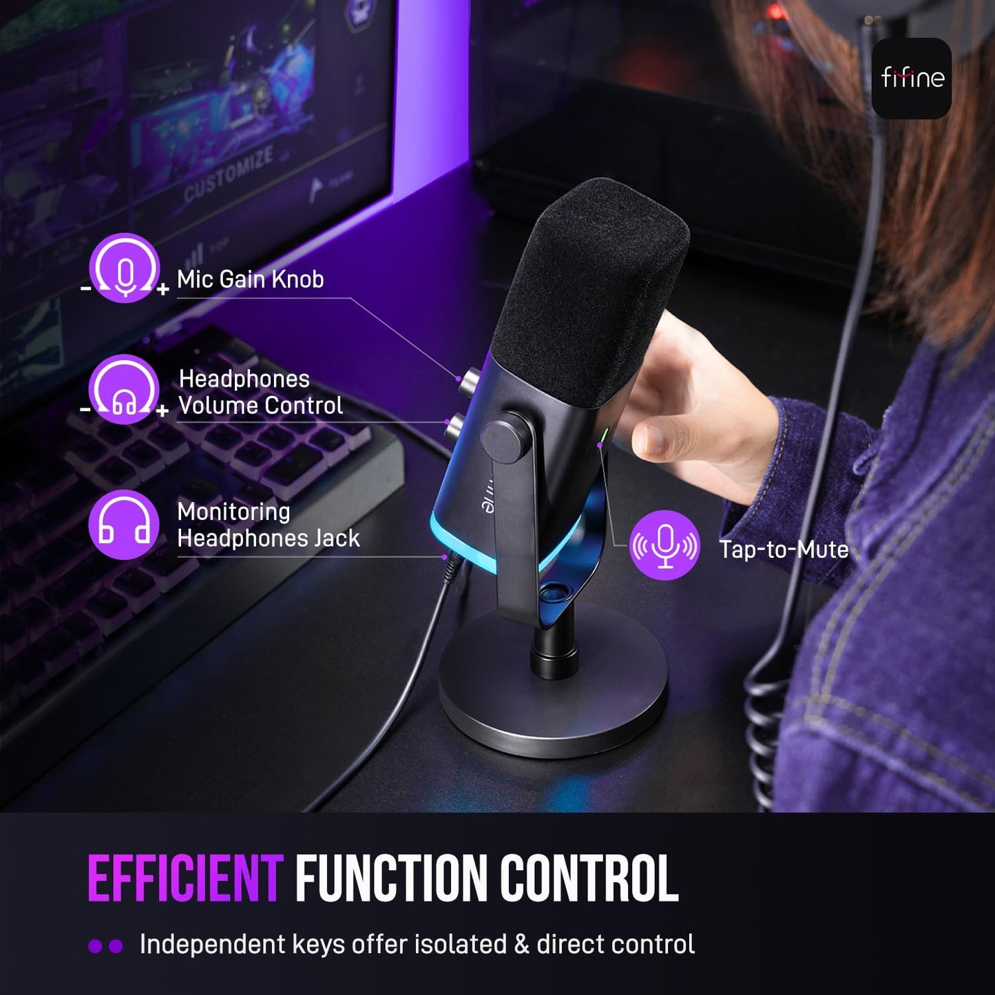 Micrófono Dinámico XLR/USB para Gaming y Streaming en PC, con Luz RGB, Botón de Silencio, Conector para Auriculares, Soporte de Escritorio, Micrófono Vocal para Canto y YouTube – Ampligame AM8