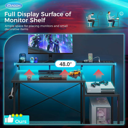 Escritorio Gaming de 48 Pulgadas con Luces LED y Toma de Corriente,  de Oficina con Estantes de Almacenamiento, Escritorio Reversible con Estante para Monitor y Gancho para Auriculares