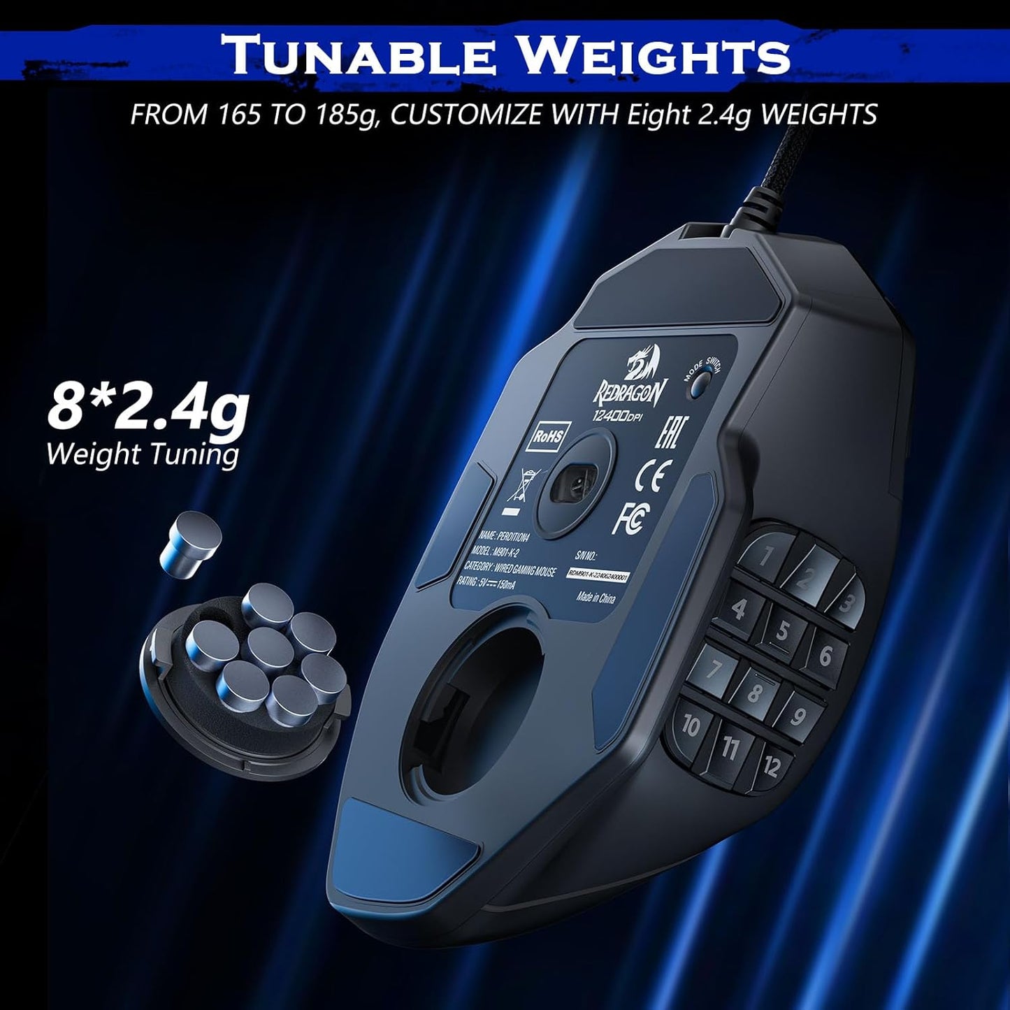 Ratón para juegos, ratón MMO para juegos de hasta 12400 DPI, 19 botones macro programables, ratón RGB con 12 botones laterales, M901K