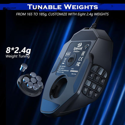 Ratón para juegos, ratón MMO para juegos de hasta 12400 DPI, 19 botones macro programables, ratón RGB con 12 botones laterales, M901K