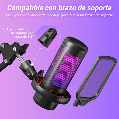 TONOR Micrófo Para Streaming, Podcasts, Grabación, Redes Sociales, Micrófono De Condensador Para PC Con Soporte Para Mac/Ns Negro,Tc320