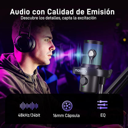 MAONO Microfono Inalambrico Para PC, Microfono PC Con Cambiador De Voz Con IA, Cancelación De Ruido De 3 Niveles, Luz RGB Personalizada, Para Juegos, Podcasting & Streaming, DM40 Pro Negro