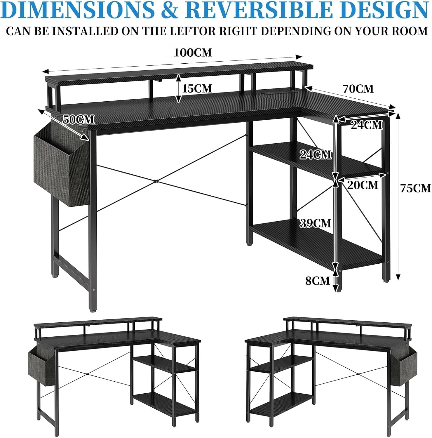 100 x 50 cm Escritorio L Con Luces LED Y Enchufes, Escritorio De Juego Con 2 Estantes, Con Soporte Para Monitor, Negro Carbón​
