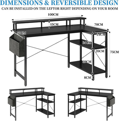 100 x 50 cm Escritorio L Con Luces LED Y Enchufes, Escritorio De Juego Con 2 Estantes, Con Soporte Para Monitor, Negro Carbón​