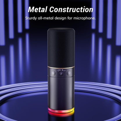 Micrófono Gaming XLR/USB, Micrófono Dinámico para Grabación de Podcasts y Streaming con Luz RGB, Botón de Silencio, Conector para Auriculares, Monitoreo, Soporte de Escritorio, Micrófono Vocal Metálico