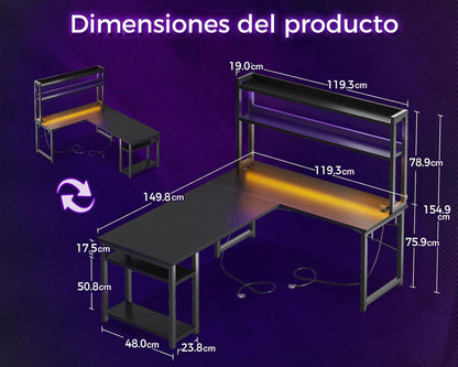 ODK Escritorio Gaming Con LED, 150×120 Cm Escritorio Con Estante Reversible, Escritorio En L Con Enchufes Y Puertos USB, Negro Con Compartimentos Y Almacenamiento