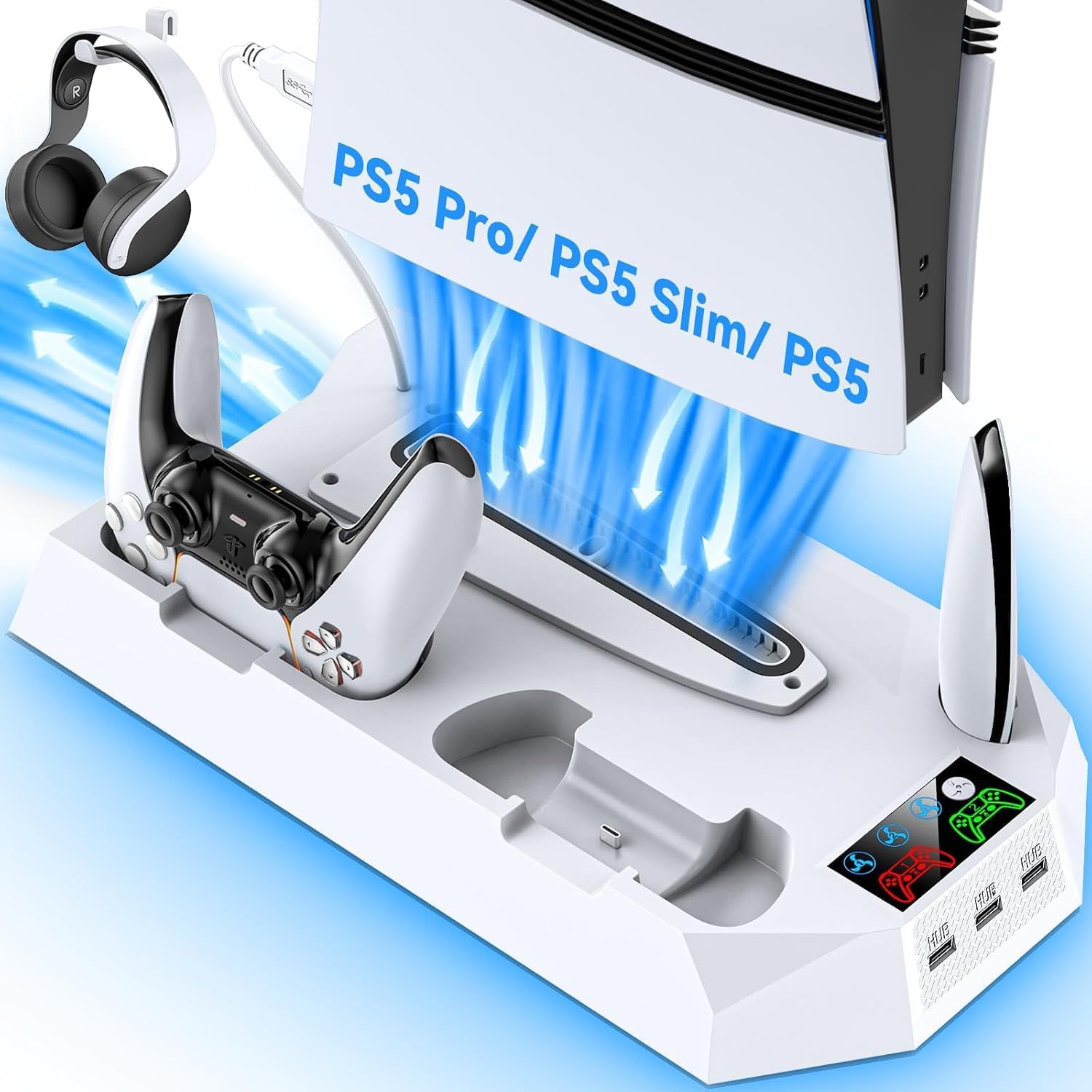 Soporte Para PS5/ Slim/Pro Con Refrigeración Y Cargador Para PS5 Mando, Ventilador Para PS5 Consola De 3 Velocidades Con Soporte Para Auriculares Y 3 USB HUB