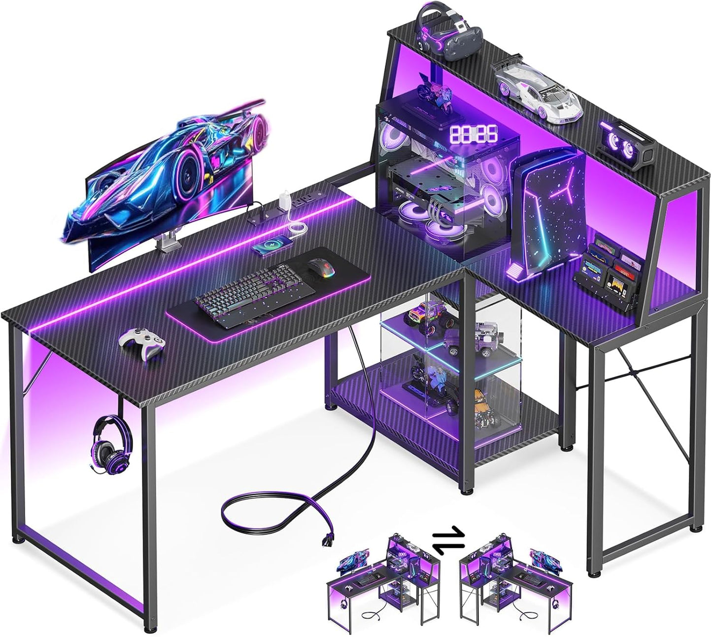 Escritorio de Gaming en Forma de L de 45 Pulgadas con Toma de Corriente y Luces LED, Mesa de Computadora con Vitrina en la Esquina para Soporte de CPU, Estante de Almacenamiento, Superficie de Fibra de Carbono
