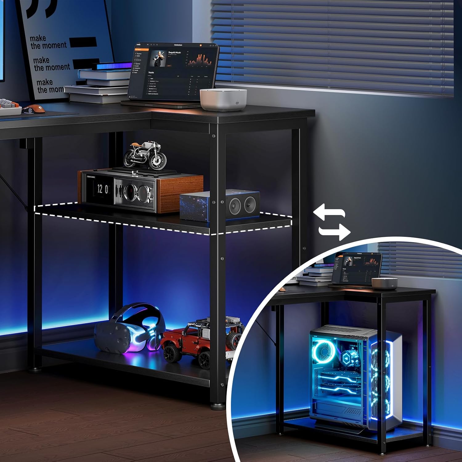 Coleshome Escritorio Gaming, Escritorio Esquinero Con Estante De Almacenamiento Reversible, Ahorra Espacio