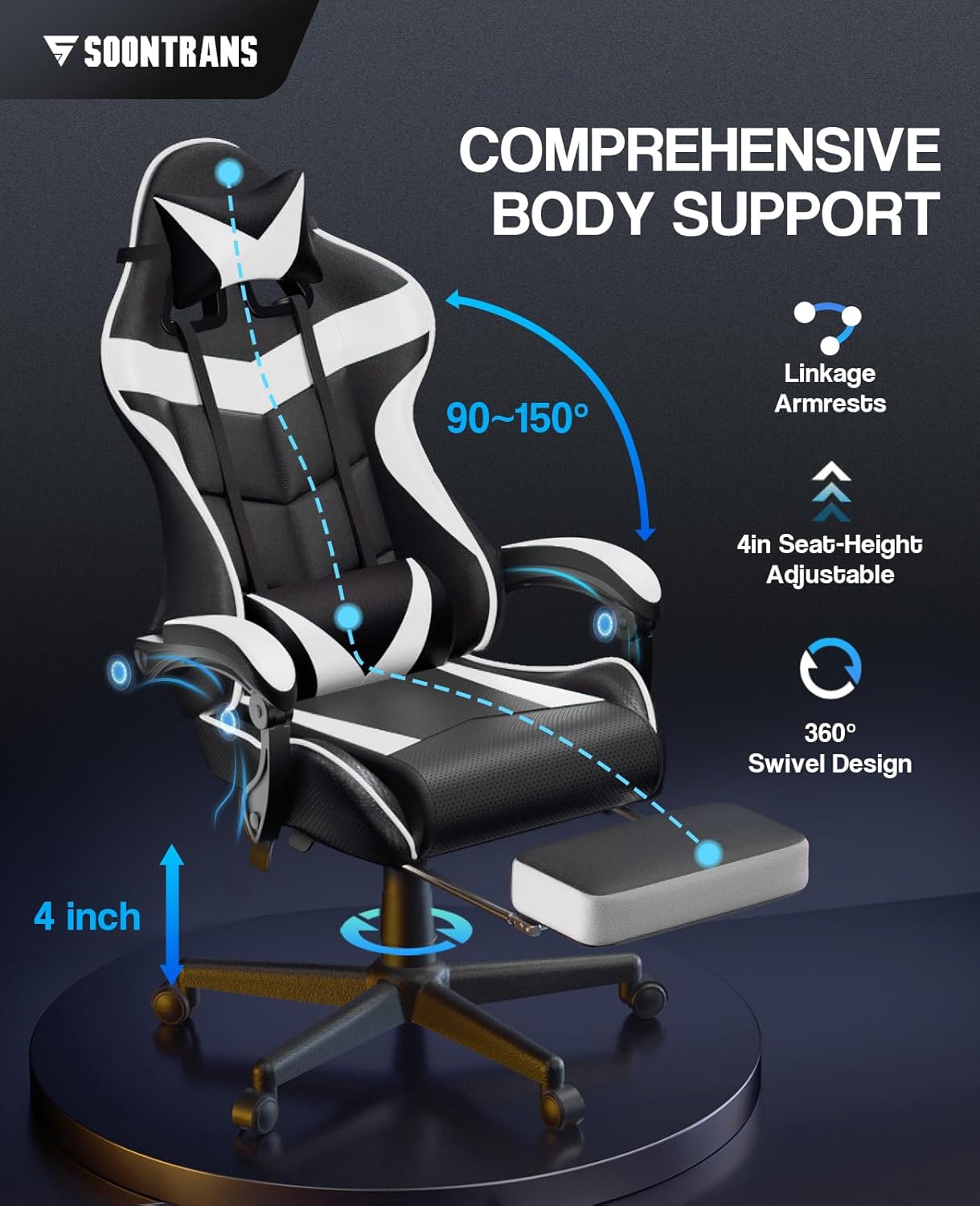 Soontrans Silla Para Videojuegos, De Masaje, Con Reposapiés, Ergonómica, Con Reposacabezas, Cojín Lumbar De Masaje, Acolchada, Blanco